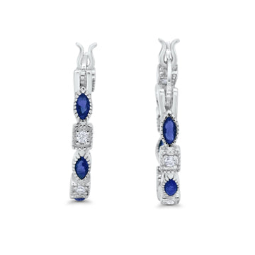 Art Deco Hoop Earrings Marquise Round Simulated Blue Sapphire CZ 925 Sterling Silver
